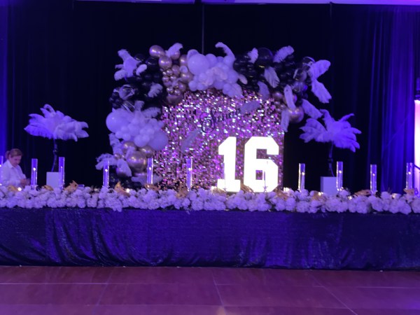 Sweet 16 backdrop under purple uplighting